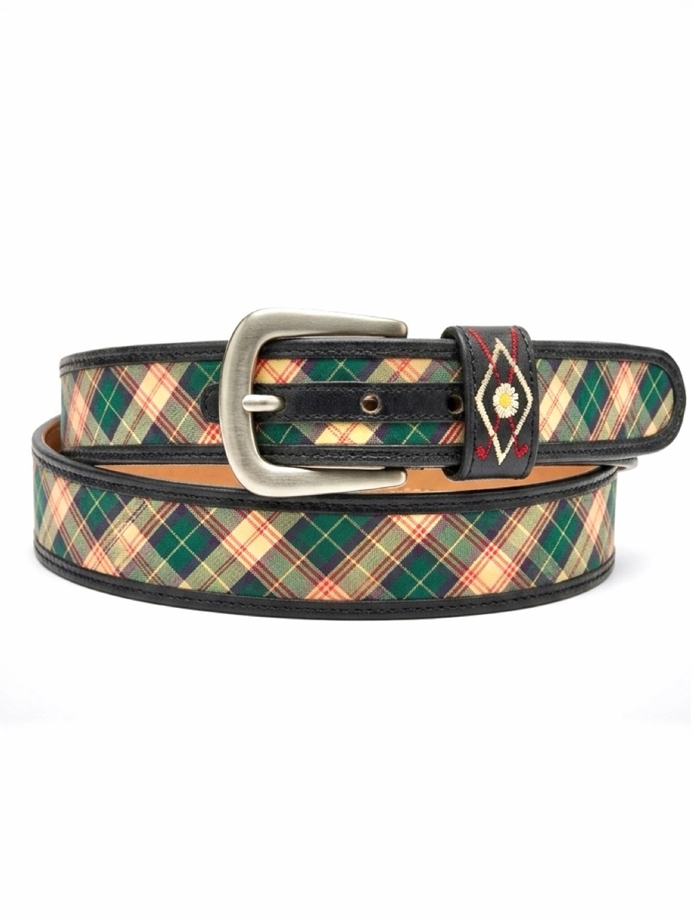 Escada Sport Leather & Madras Argyle Belt, Green/Blk, silver buckle, XS/S, EUC